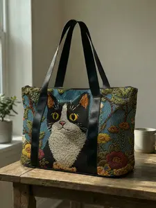 Cat Print Handbag, Large Capacity Travel Luggage Bag, Portable Overnight Bag, Fashion Yoga Training Bag, Shoe Storage Crossbody Bag