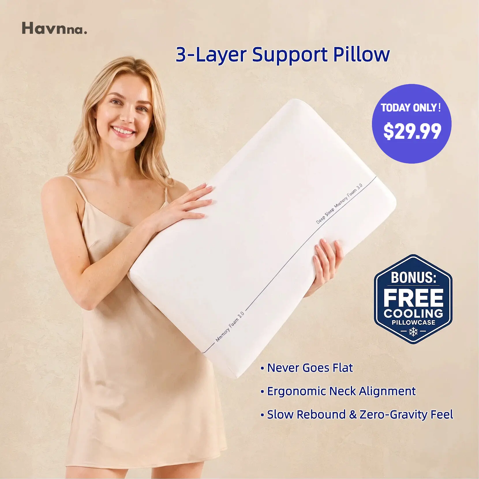 【New Arrival Special!】Havnna 3-Layer Memory Foam Pillow, Plush Cradling Support, Cooling Washable Cover, for Back, Side and Combination Sleepers