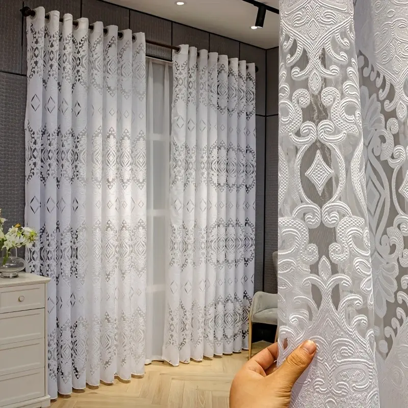 1pc Art Deco Geometric Jacquard Sheer Curtains, Polyester Grommet Top Drapes, Lightweight, Unlined, Cutwork Weave, Fashion Theme, with Door Panel Window Treatment for Living Room, All-Season Decorative Panels