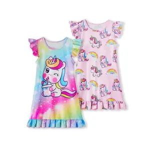 Girls' Rainbow Unicorn Print Nightgown Set, Loose-Fit Fly Sleeve Sleepwear Dress, Halloween Back-To-School Gift, All-Season Casual Style