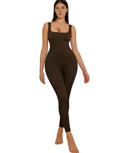 Women's Square Neck Seamless Ribbed Long Pants Bodysuit, Womenswear, Tummy Control Compression Shapewear, Sexy Plain Design, All Seasons Fashion