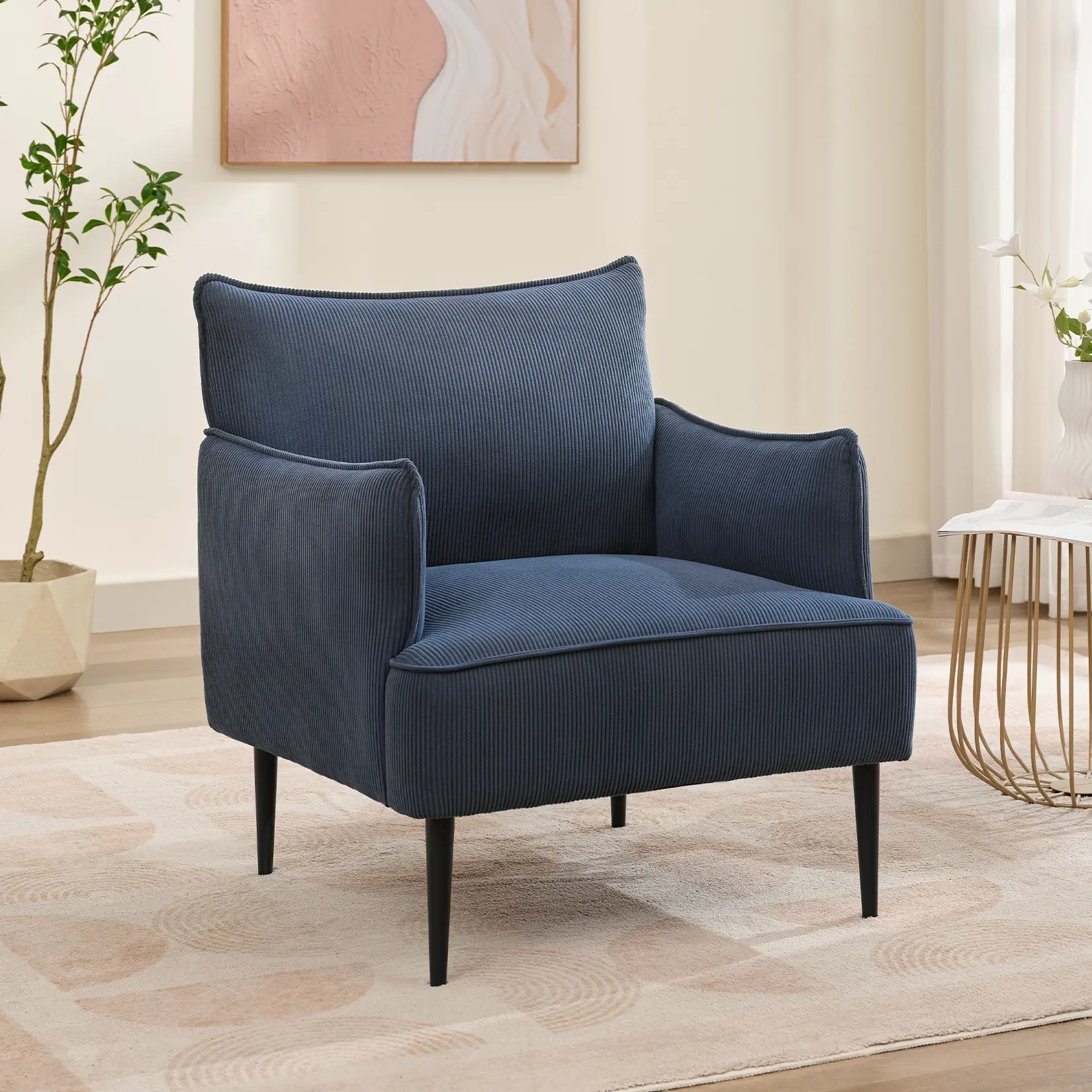 Mid Century Accent Chair, Comfy Living Room Chair Armchair Grey Fabric Sofa Chair for Bedroom, Modern Accent Chair with Arms and Metal Legs for Office Study, Vintage Reading Room Sofa