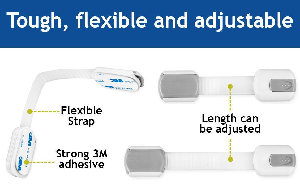 Child Safety Strap Locks (10 Pack) Baby Locks for Cabinets and Drawers, Toilet, Fridge & More. Adhesive Pads. Easy Installation, No Drilling Required, White Child Safety Strap Locks (10 Pack) Baby Locks for Cabinets and Drawers, Toilet, Fridge & More. Adhesive Pads. Easy Installation, No Drilling Required, White