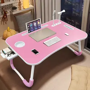 Foldable Laptop Bed Desk Tray with 4 USB Ports Portable Lap Table Tiltable Tabletop Wood Workstation Storage Drawer Cup Holder for Home Bed Couch Working Reading