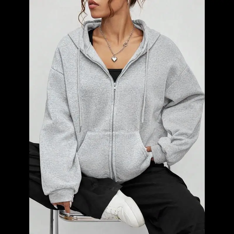 Women's Solid Hooded Sweatshirt, Casual Loose-Fit Zip-Up with Long Sleeves, Soft Thick Knit for Fall & Winter Wear, Long Sleeve, Hoodies For Women, Basic, Tops, Fabric