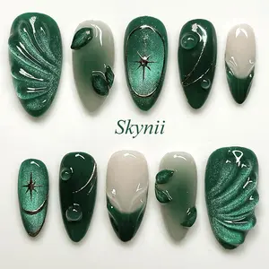 Skynii 24Pcs Green Press on Nails Medium Almond Fake Nails with 3D Green Ripple Design Handmade Press on French Nails Tips Leaves Pattern Full Cover Glossy Y2k Reusable DIY Nails for Women Nail