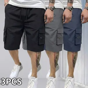 Men’s Cargo Shorts – 3-Pack, Adjustable Drawstring, Casual Style, Multiple Pockets, Polyester, Solid Colors: Navy Blue/Military Green, Dark Gray, Black; Outdoor Sports Casual Knee-Length Shorts