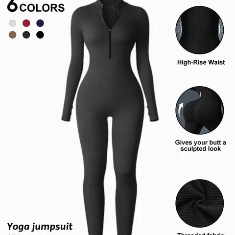 Women's Ribbed Knit Full-Length Abdomen Control Yoga Jumpsuit - Long Sleeve, Zip Front, Seamless Tight Fit, Threaded Waist Cinching, Breathable, Compression, Shaping Sportswear for Yoga, Casual Exercise, Abdomen Control Jumpsuit