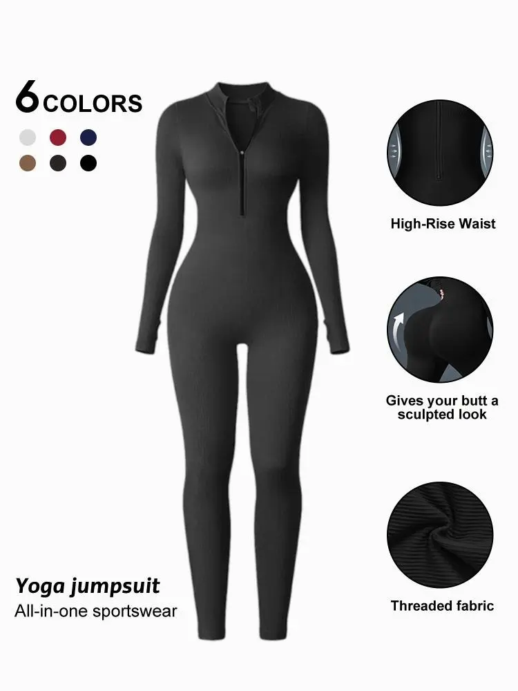 Women's Ribbed Knit Full-Length Yoga Jumpsuit - Breathable, Compression, Shaping, Long Sleeve, Zip Front, Seamless Tight Fit, Threaded Waist Cinching Sportswear for Yoga, Casual Exercise (Chic, Stretch Rib, Waist Reduction Women's Sports Jumpsuits)