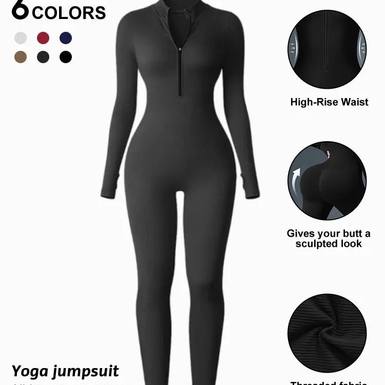 Women's Ribbed Knit Full-Length Abdomen Control Yoga Jumpsuit - Long Sleeve, Zip Front, Seamless Tight Fit, Threaded Waist Cinching, Breathable, Compression, Shaping Sportswear for Yoga, Casual Exercise, Abdomen Control Jumpsuit