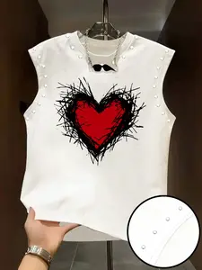 Men's Sleeveless Vest Top, Hand Drawn Heart & Rivet Embellished, Graphic Casual Summer Style, Daily Commute & Weekend Outing, Sleeveless Tank Tops