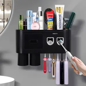 Multifunctional Wall-Mounted Toothbrush Holder, Automatic Toothpaste Dispenser Space Saving Toothbrush and Toothpaste Holder, with 2 Cups and Drawers Cosmetic Organizer (Black 2 Dispensers)