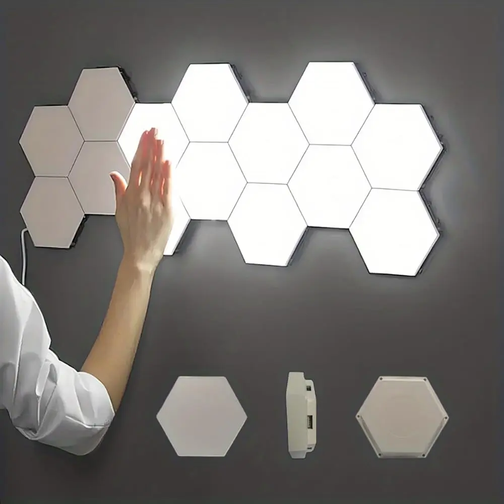 Ten /10 Piece Pack Hexagon LED Wall Light Panels Remote Control & Touch Sensitive Modular Lights Flat Plug DIY Decor Lighting for Bedroom/Game Room/Living Room