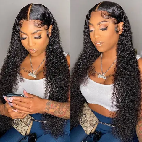 Women's Kinky Curly 100% Brazilian Human Hair Lace Frontal Wig, 13x4-13x6 HD Transparent Lace, 180% Density, PrePlucked Hairline, Heat Resistant, Natural Black, Female-Focused Hair Accessory