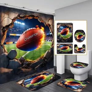 1/3/4PCS Football Fever Shower Curtain set, Dynamic Sports Ball Bathroom Decor, Accessories with Bath Mat, U-shaped Mat, Toilet Lid Cover, 12 Hooks 180x180cm Curtain, Game Day, Home Decor, bathroom accessories.