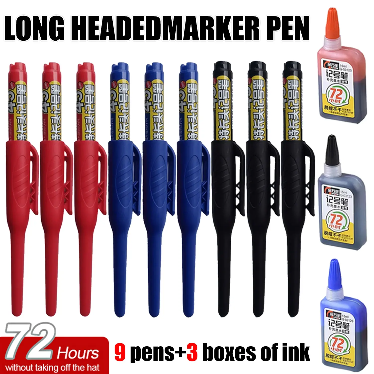 45mm Long Nib Marker Pen Set, Ink Markers, 9 Pens + 3 Refill Bottles, Smooth, Precision Writing, Reusable, Fade-Proof, for Deep Hole Marking/Engineering Drawings, Ideal for Architects/Hole Drilling Tool Pen Users/Carpenters/Mens Birthday Gifts