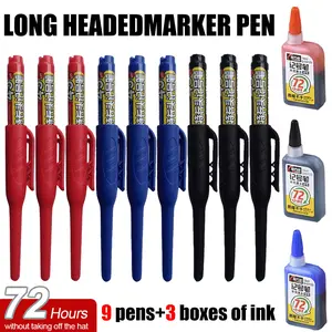 45mm Long Nib Marker Pen Set, 9 Pens + 3 Refill Bottles, Smooth, Precision Writing, Reusable, Fade-Proof, for Deep Hole Marking/Engineering Drawings, Ideal for Architects/Hole Drilling Tool Pen Users/Carpenters/Mens Birthday Gifts