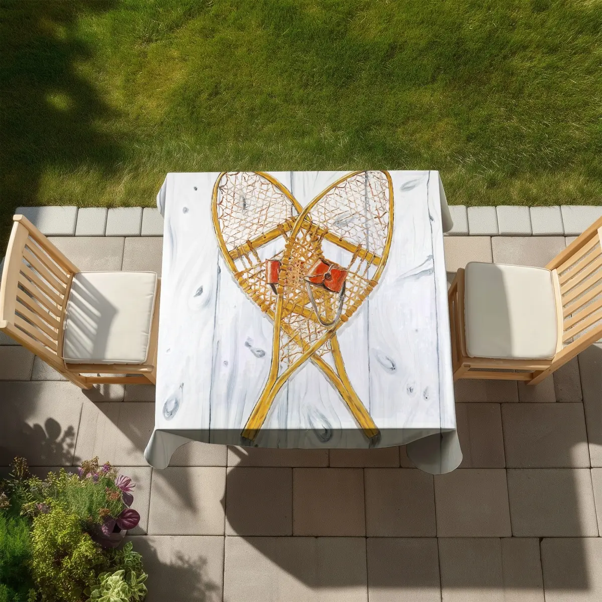 Square 58x58 in Vintage Wood Snowshoe Design Tablecloth with 360 Stand, Rustic Gray Kitchen Linen for Picnic, Party Use, Functional Indoor-Outdoor Household Textile (C1TC5858L2OY61)