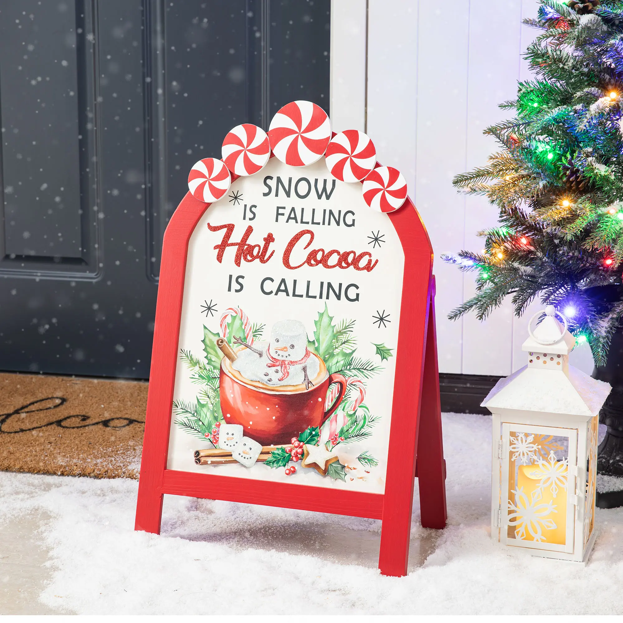 Glitzhome 24.25inH Durable Modern Christmas Irregular Wooden Peppermint Easel Porch Decoration - Floor Mount Holiday Door Ornament for Hot Cocoa Themed Festive Home Supplies, Indoors Use, 24.25"H, Long-Lasting