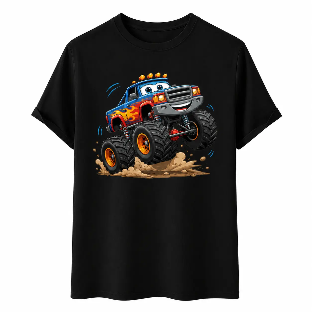 Unisex Racing T-Shirt, Smiling Flame Monster Truck Cartoon Graphic, Mud Off-Road Design, Menswear Tops, Denim-Inspired Accents, Suitable for Outdoor Baseball Activities, Matching Caps Compatible, Comfy, Casual, Cargo