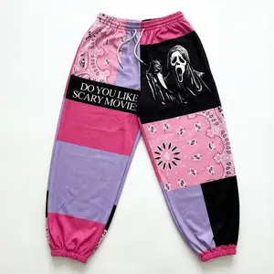 Couple Sweatpants with Horror Movie Patchwork, Halloween Streetwear Style, Horror Character Design