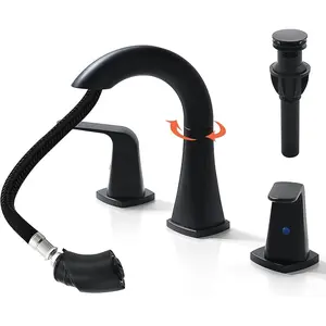 Pull Down Bathroom Faucet Black- Matte Black Sink Faucet with Sprayer, Bathroom Pull Out Faucets, 2-Handles Widespread Vanity Faucets 3 Hole 8 Inch 360 Swivel Spout with Pop-up Drain & Lines