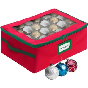 Christmas Ornament Storage Box with Dividers - Fits 48-3” Ornaments, 2 Removable Trays, Durable & Space-Saving, Clear Top Lid, Fits Underbed, Red