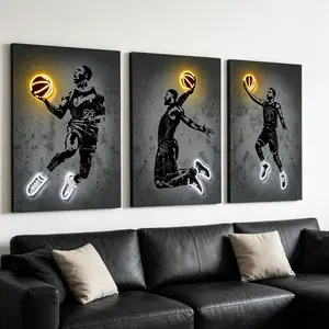 3-Piece Framed Neon Basketball Player Canvas Wall Art Set, Modern Sports Poster Decor, Basketball Fan Decoration for Living Room, Bedroom