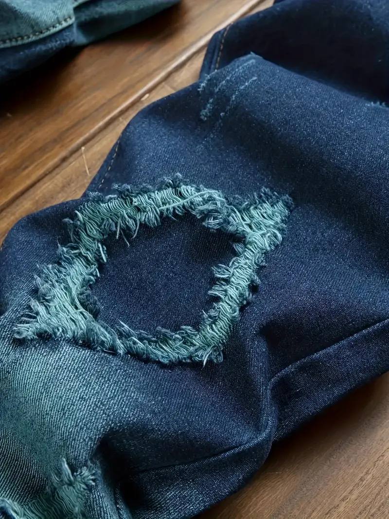 Men's Color Block Ripped Denim Jeans - Breathable, Slim-fit, Mid Waist Casual Cotton