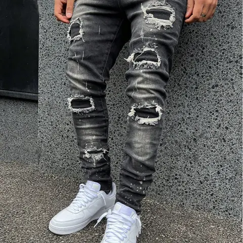 SRETOUU Men's Black Washed Distressed Ripped Skinny Jeans, Slim Fit Stacked Streetwear Denim Pants with Paint Splatter Stretch Menswear
