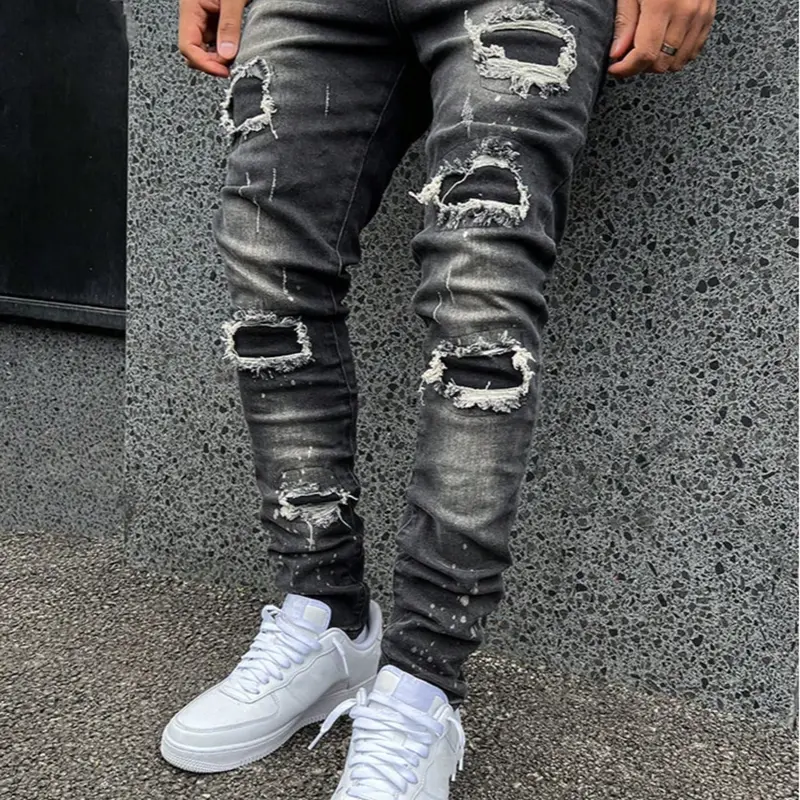 SRETOUU Men's Black Washed Distressed Ripped Skinny Jeans, Slim Fit Stacked Streetwear Denim Pants with Paint Splatter Stretch Menswear