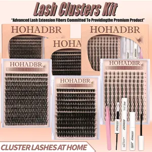 HOHADBR  8-16mm  Lash Clusters Kit Natural Individual Lashes Fairy Lash Wispy Eyelash Extensions 8-16mm  Lash Extension Kit Lash Bond and Seal Waterproof, Lash Applicator, Thick False Eyelashes Kit