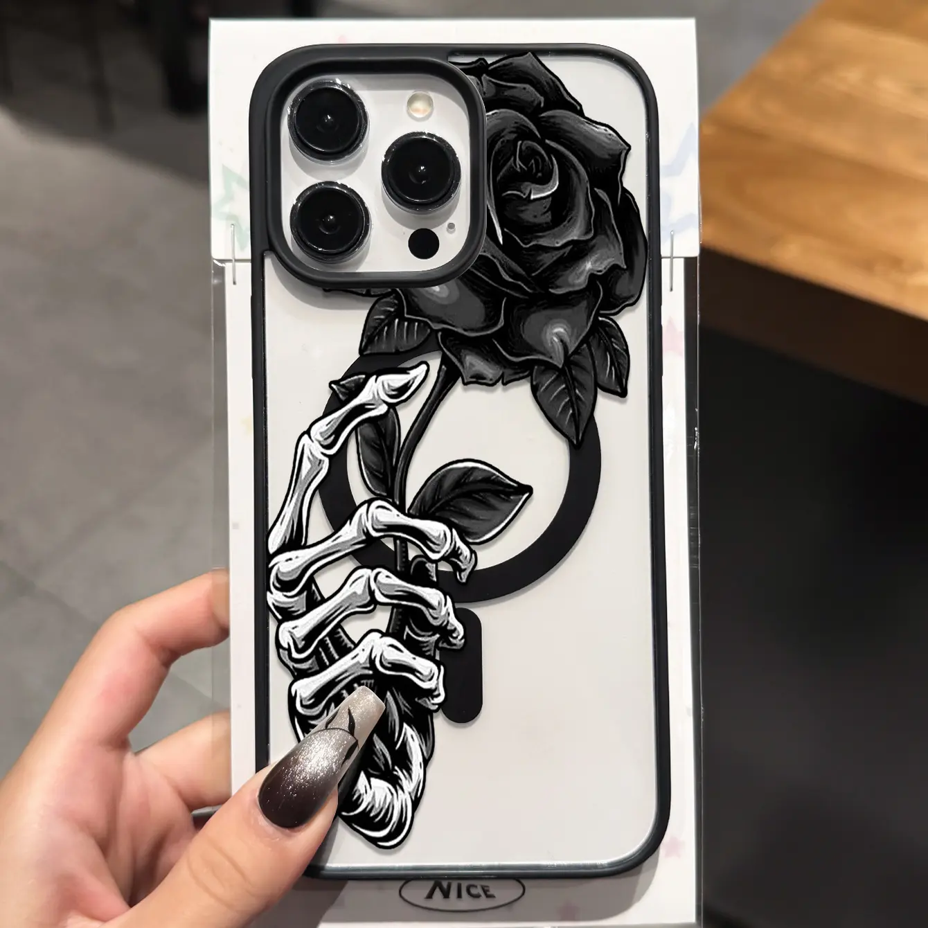 Gothic Style Skull Hand Black Rose Magnetic Phone Case Compatible with for Apple And for , Creative Dark-Themed Full Protective Cover Suitable for Iphone 17 16 15 14/13 12 Series And for S23/S22 with Magnetic Wireless Charging.