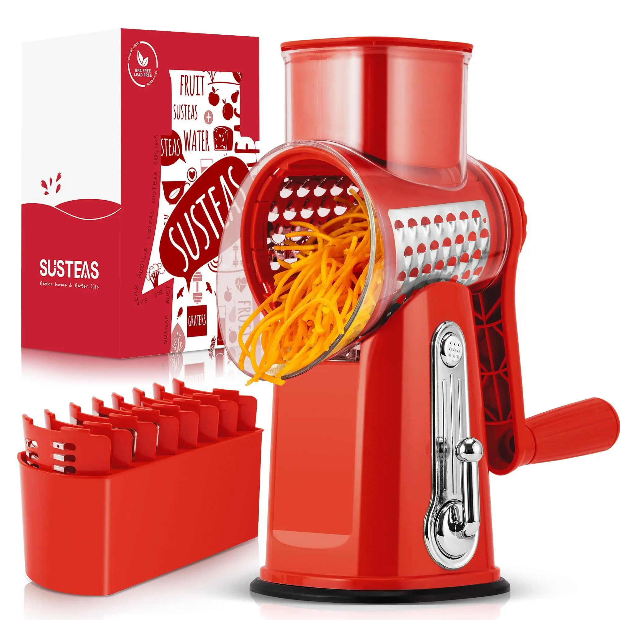SUSTEAS Rotary Food Cheese Grater with Handle, 5 Blades and Strong Suction Cup Base, Comes with 1 Blade Storage Box Kitchen Utensils Springtok