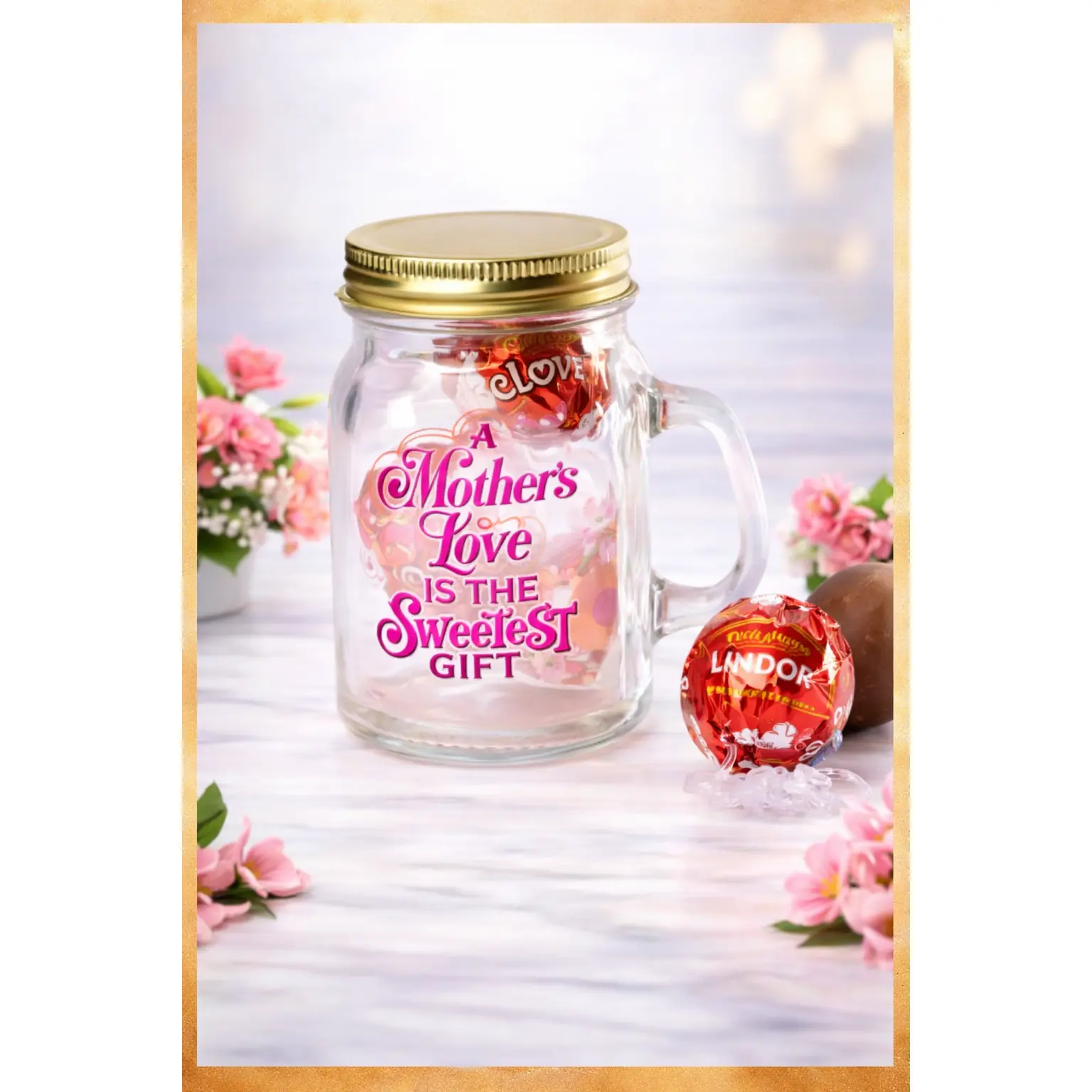 3-Piece 4 oz Reusable Glass Mini Mason Jar Gift Set - Lindt® Lindor Milk Chocolate Truffles, Mother’s Day Decorative Storage for Mom