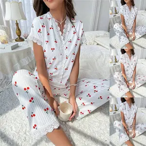 Lady's 2-Piece Cherry Print Lace Pajama Set - Short-Sleeve Crew Neck Top & Pants, Soft Breathable Knit Cotton Blend Loungewear with Cute Embroidery, Suitable for Home & Casual Use,summervibes