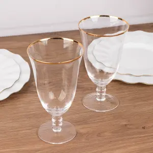 6-Pack Clear Red Wine Glasses 16oz Gold Rimmed Design with Short Beaded Stem 7" - Crystal Goblets for Water & Cocktails