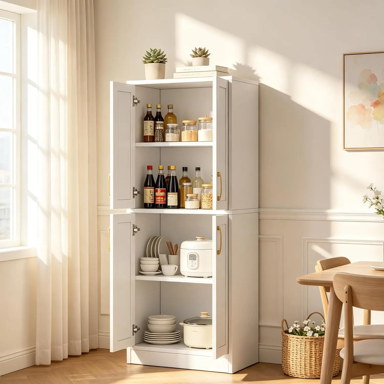Modern Wood Furniture Freestanding Sideboard Cabinet - 67in High Adjustable Stand, Removable Partition, Regular Doors, Golden Handles, Sturdy Shelves, Space-Saving, Assembly Required, for Living Room, Dining Room, Waterproof