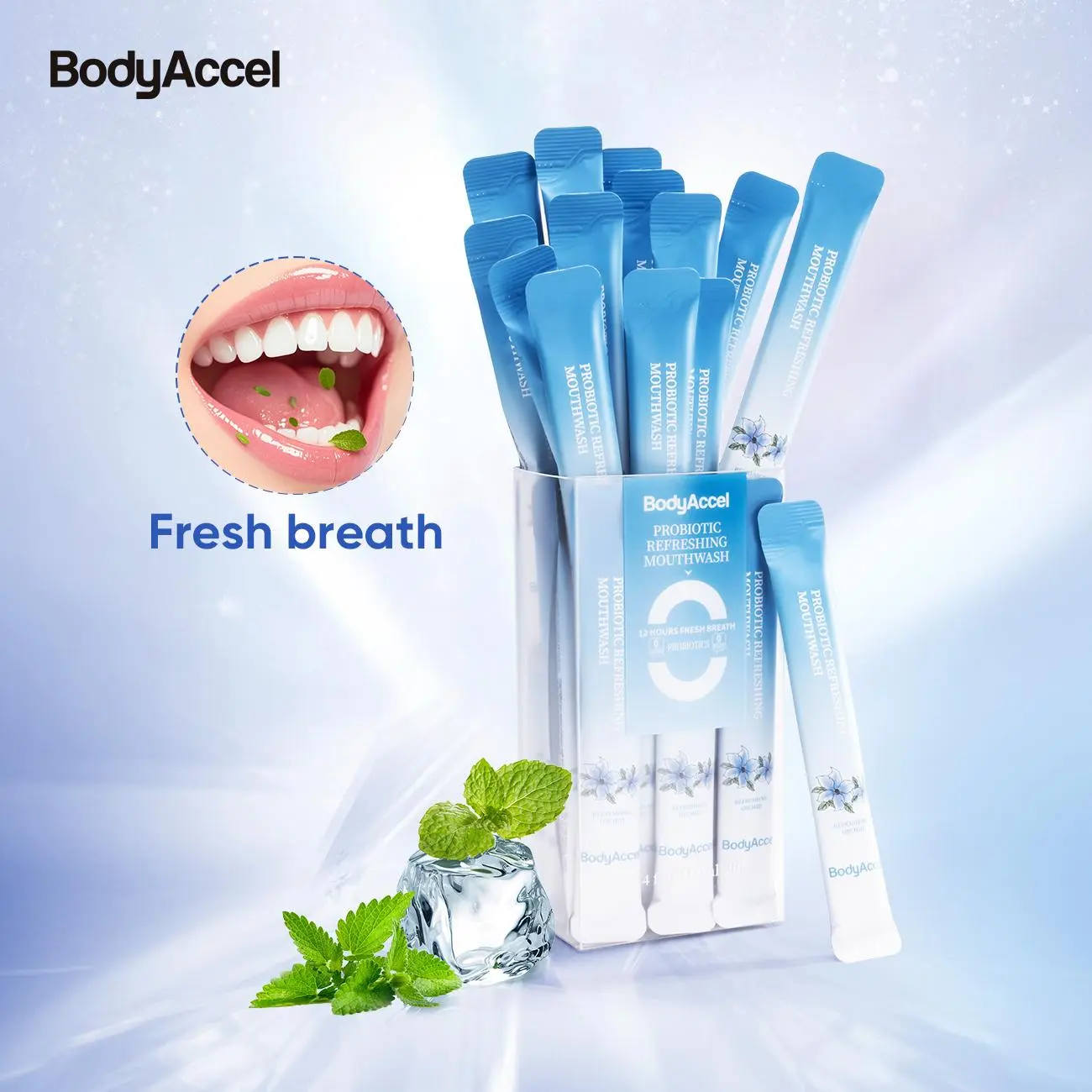 BodyAccel Probiotic Mouthwash, Refreshing Oral Rinse Liquid for Daily Care & Cleansing, 12-Hour Fresh Breath, 20-Count Trial Pack, Multi-Pack