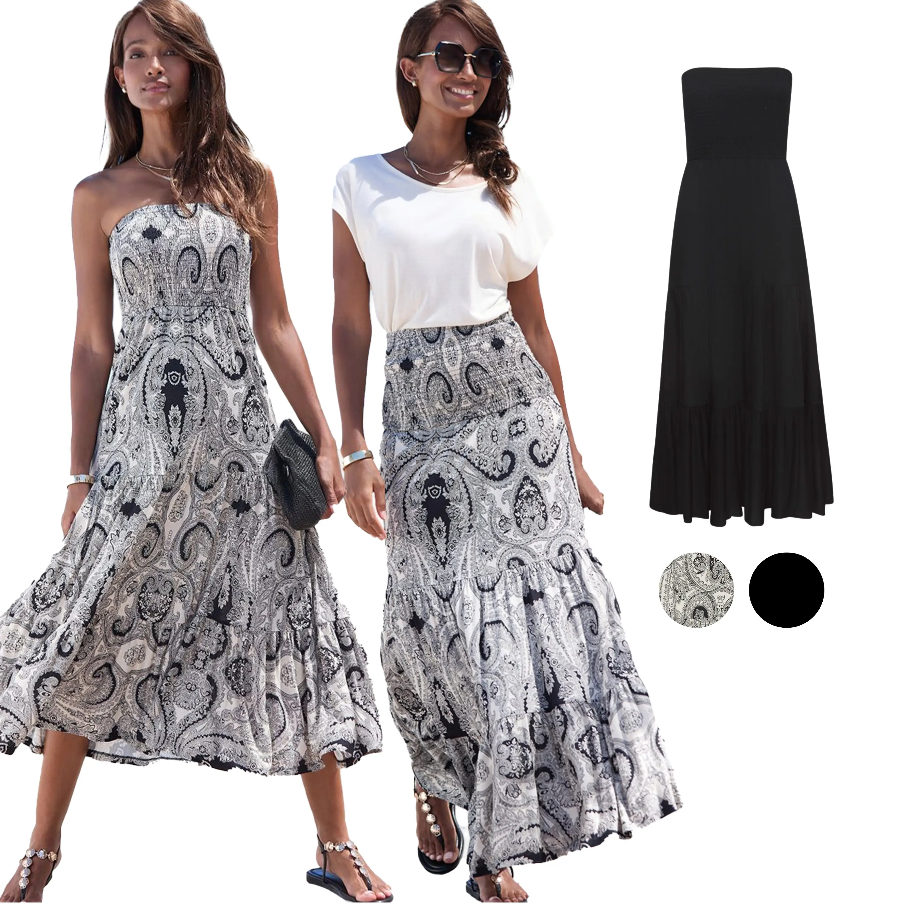 Women's Convertible Tiered Dress, Black & Ivory, Size 8