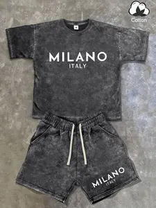 Men’s fashion retro washed distressed cotton short-sleeve T-shirt and shorts set — American street Y2K trend with snowflake, Milan letter print, and a unique design. Comfortable, breathable, lightweight fabric for surfing and basketball; suitable for all