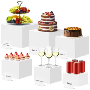 White Buffet Risers,6-Piece Food Risers Set for Buffet Table 5in to 10in Display Stand for Catering Dessert Cube Boxes Nesting Risers with Hollow Bottoms