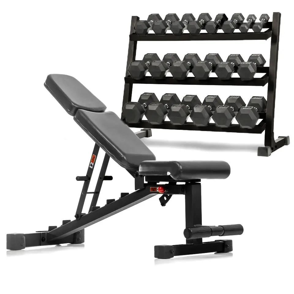 5-50 lb Hex Dumbbell Set with Rack and Weight Bench