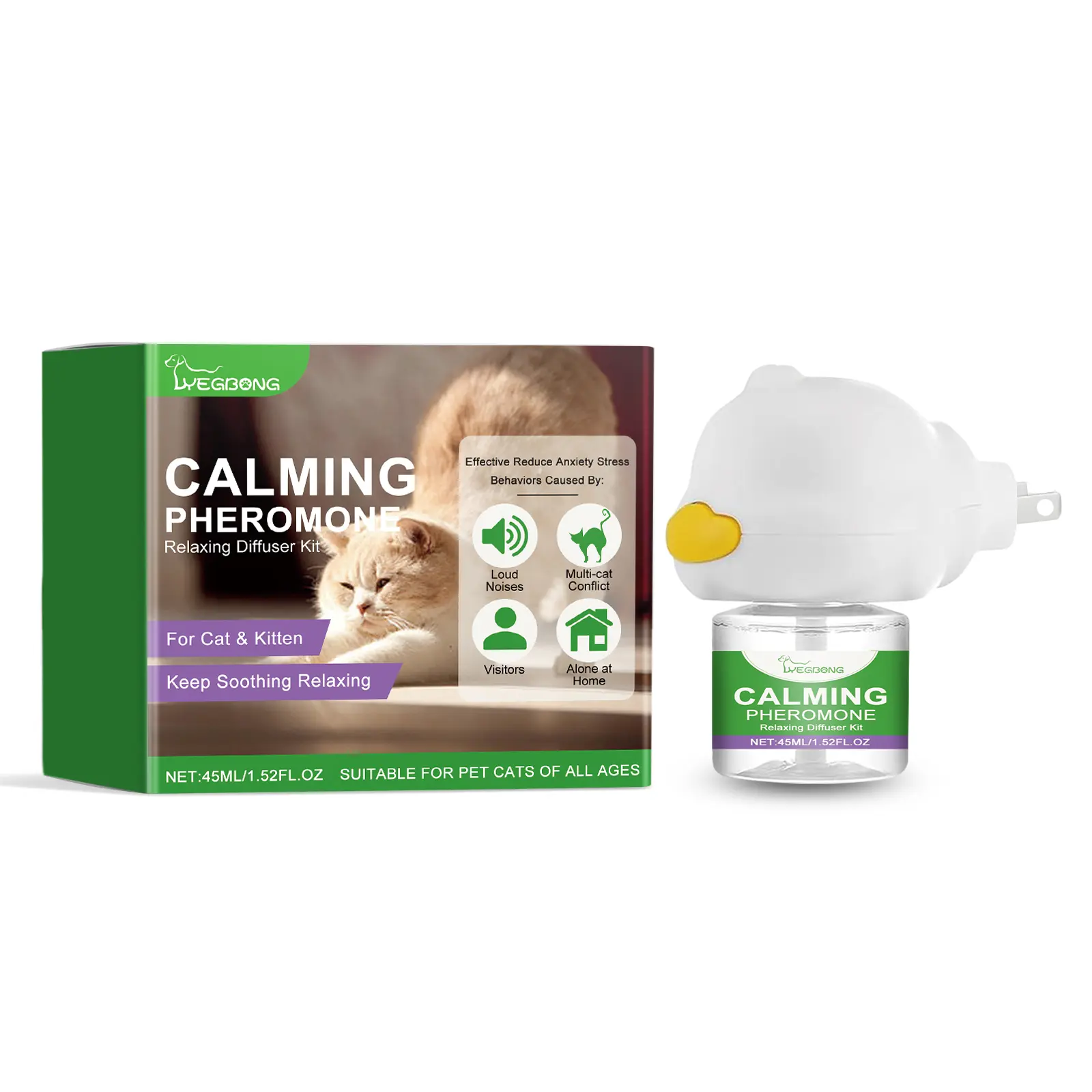 Yegbong Cat Calming Diffuser Kit for Standard Power Outlets, Pet Anxiety Relief Aid with Peppermint Extract Blends & Witch Hazel Extract, Supports Relieve Anxiety & Stress Reduction, Complements Cat Litter & Toilet Training Supplies