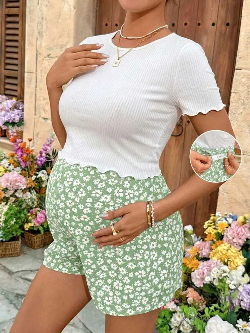 NANCY Maternity 2pcs White Round Neck Short Sleeve Top And Floral Print Shorts Set
