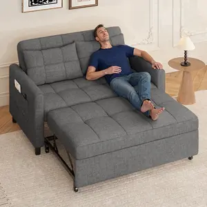 GIZOON 3-in-1 Convertible Futon Sofa Bed, Space Saving Loveseat Sleeper with 53.2” Full-Size Pull-Out Couch, Linen Fabric Dark Grey Sofa, Side Pocket & Adjustable Backrest for Living Room