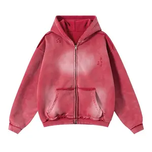 Men’s Vintage Zip Up Hoodie Heavyweight 400G Distressed Fleece Oversized Gradient Streetwear Unisex Faded Y2K Jacket Washed Baggy Sweatshirt Grunge Outerwear