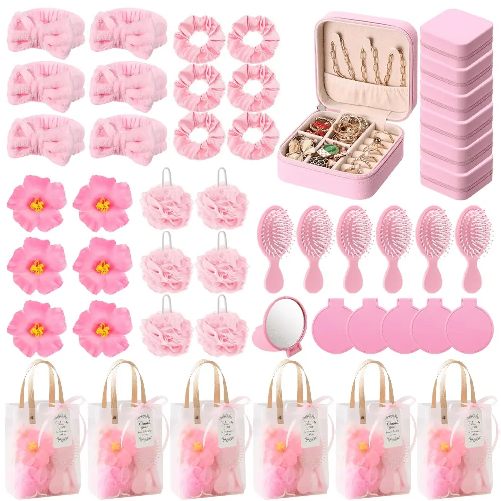 55 Pcs Sleepover Bachelorette Party Spa Favors Game Prize, Include Small Travel Jewelry Case, Flower haiclip, Makeup Mirror, Bath Sponge, Hair Brush, Bow Headband, Scrunchie, Tag Card, Silk Ribbon, For Slumber Party Wedding Birthday Party Favors Gifts
