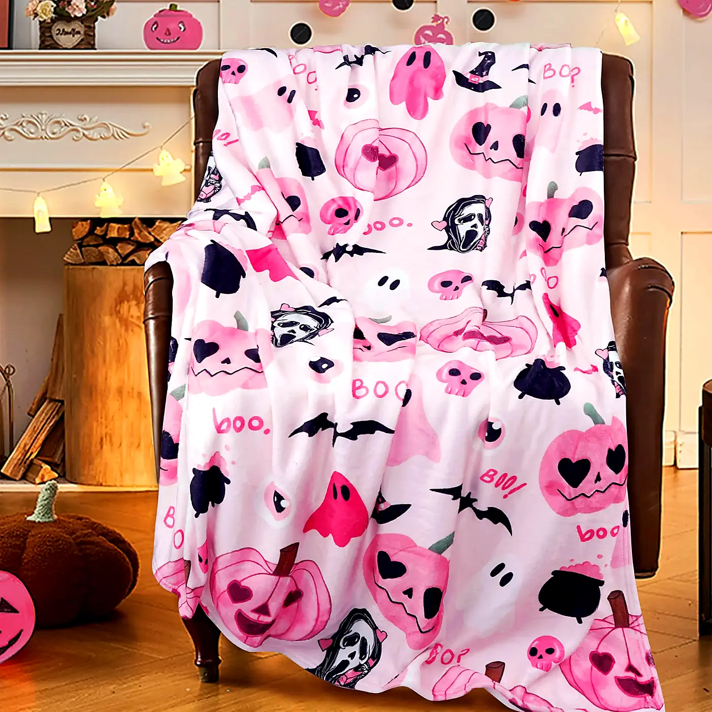 Halloween Pink Pumpkin Ghost Throw Blanket Soft Cozy Plush Fleece Bed Blanket for Couch Sofa Bedroom Decor, Cute Spooky Halloween Blanket for Kids Girls Women, Lightweight Warm Home Blanket, Birthday Gifts, Halloween Gifts