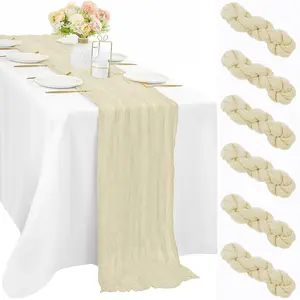 EMBER  6/12 Pcs Beige Cheesecloth Table Runner 10FT long, 35 x 120 Inches Gauze Boho Fabric Rustic Sheer Runner for Wedding Birthday Baby Shower Party Decor